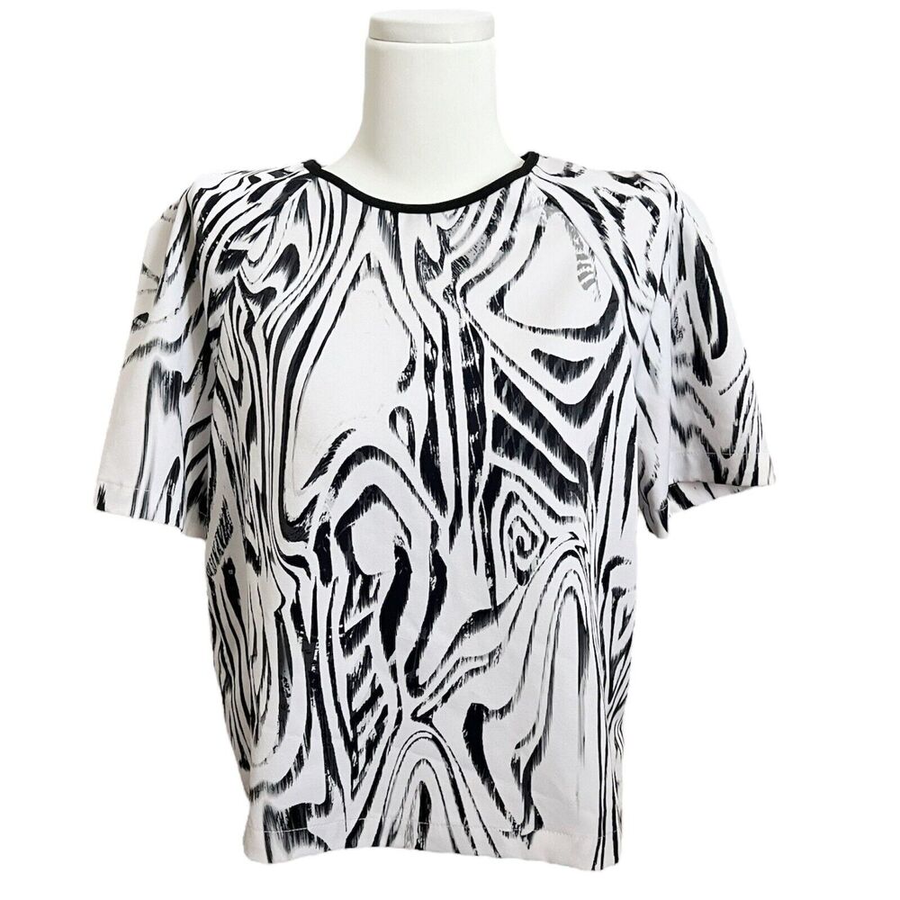 SUBOO TANZANIA Crop Top Short Slv Black White US Sz 4 AU 8 Hi Lo Blouse